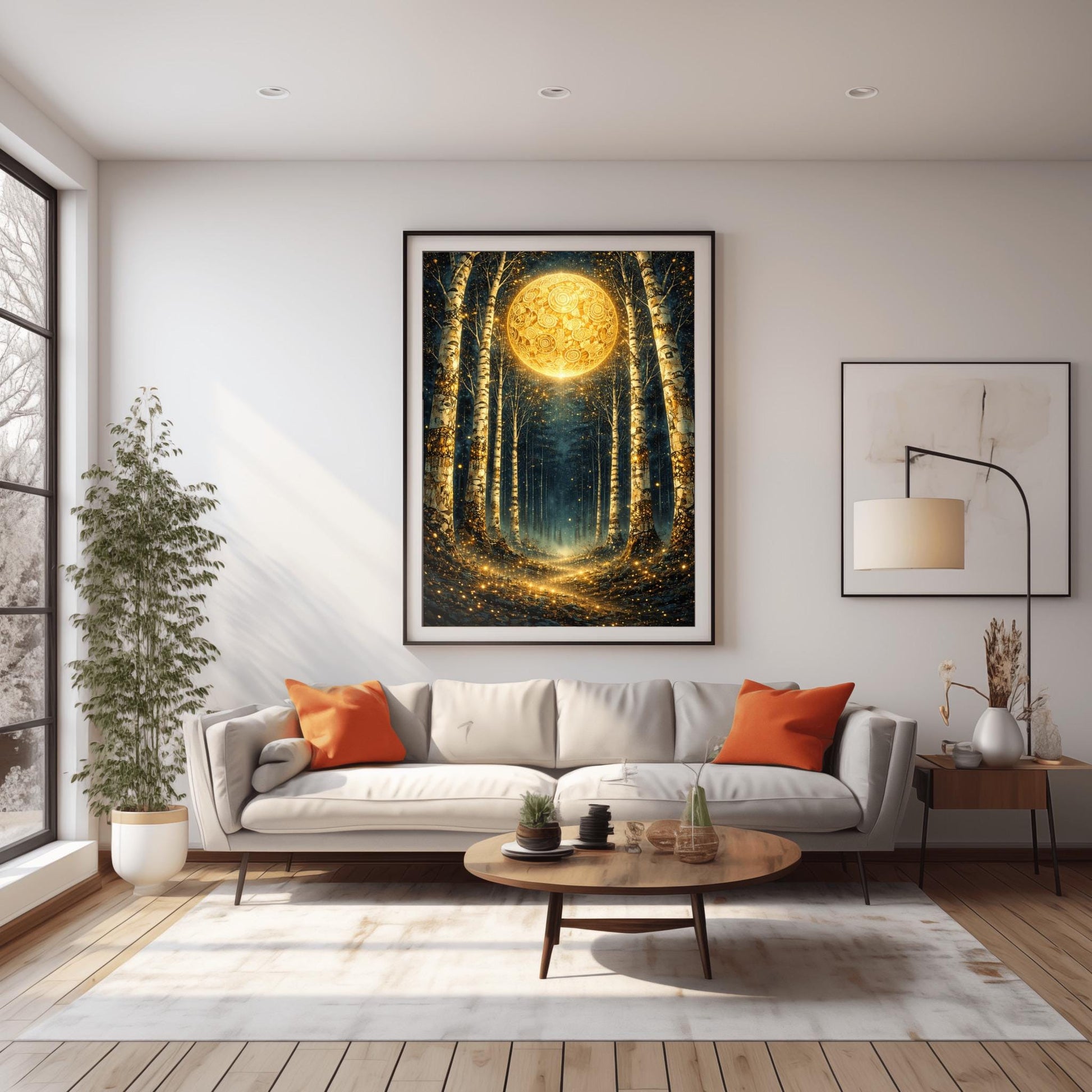 A vertical digital illustration of a birch forest at night. A large, ornate golden moon with swirling patterns glows at the end of a path. The white birch trees are speckled with gold. The ground is covered in sparkling golden lights against a deep dark blue background.