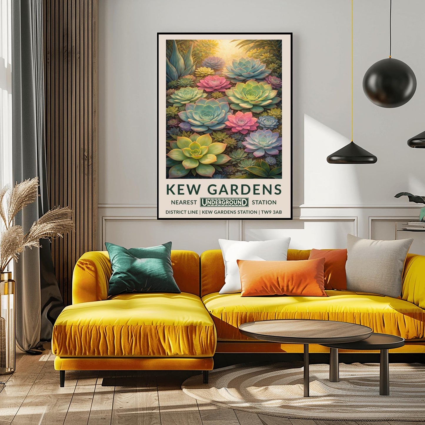 A vertical vintage travel poster for Kew Gardens featuring a dense, top-down view of many succulent plants. The composition is filled with large and small Echeveria rosettes in soft pastel shades of pink, light green, and pale blue. Warm sunlight glows from the top of the frame, highlighting the edges of the thick, fleshy leaves. The bottom features a cream border with bold green text: "KEW GARDENS" and "NEAREST UNDERGROUND STATION" with District Line details.