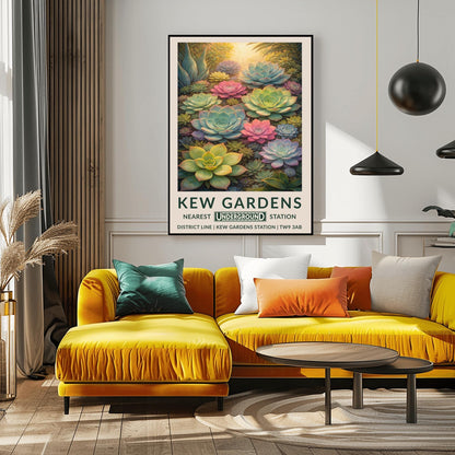 A vertical vintage travel poster for Kew Gardens featuring a dense, top-down view of many succulent plants. The composition is filled with large and small Echeveria rosettes in soft pastel shades of pink, light green, and pale blue. Warm sunlight glows from the top of the frame, highlighting the edges of the thick, fleshy leaves. The bottom features a cream border with bold green text: "KEW GARDENS" and "NEAREST UNDERGROUND STATION" with District Line details.