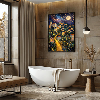 A vertical fine art painting in the style of Gustav Klimt. A hillside village with white houses and orange roofs is illuminated by a large, textured golden moon and a swirling starlit sky. A bright, glowing golden path winds through the village houses and mosaic-patterned trees. At the bottom, a dark sea reflects the shimmering lights. The style is highly decorative with gold leaf textures.