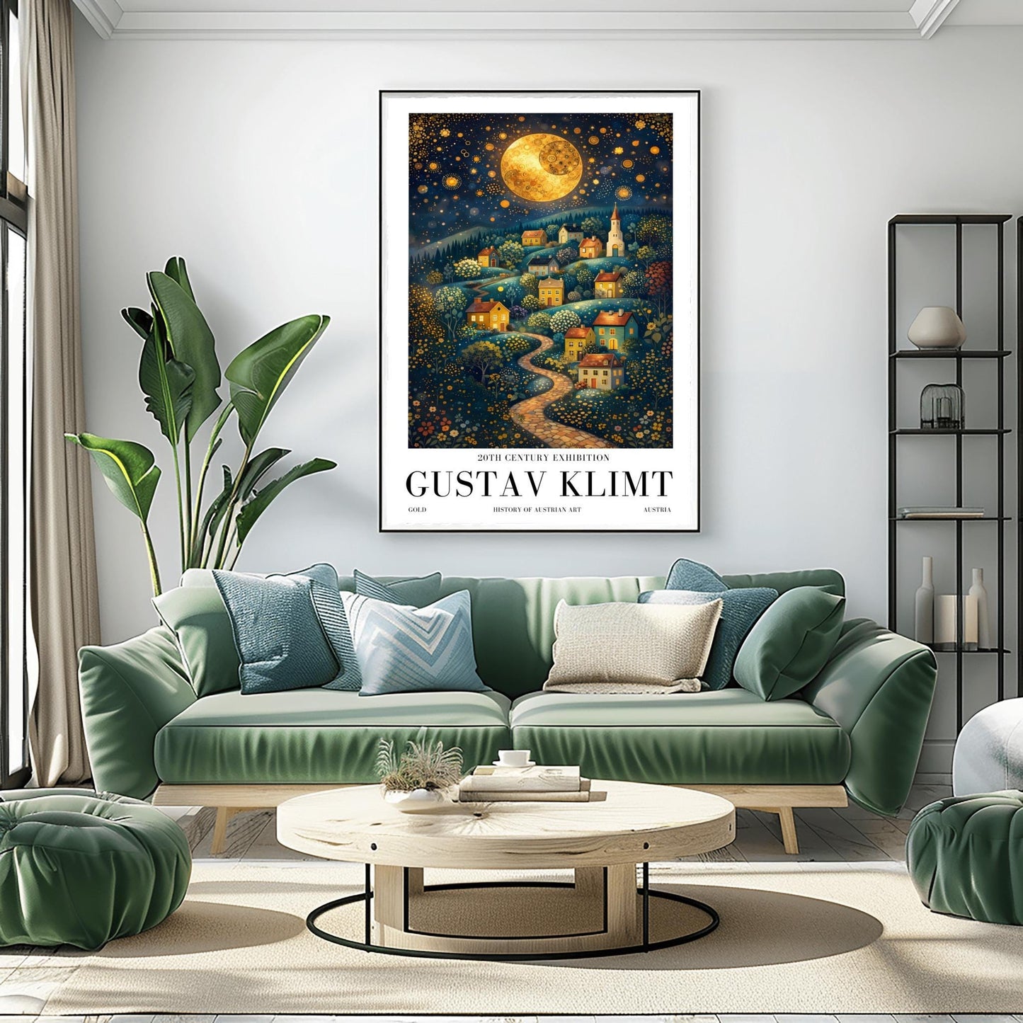 A vertical fine art exhibition poster in the style of Gustav Klimt. A winding cobblestone path leads up a hillside filled with small, colorful houses and a church under a massive golden mosaic moon. The sky is deep blue and filled with golden stars and spirals. Bold black text at the bottom reads "GUSTAV KLIMT" and "HISTORY OF AUSTRIAN ART."
