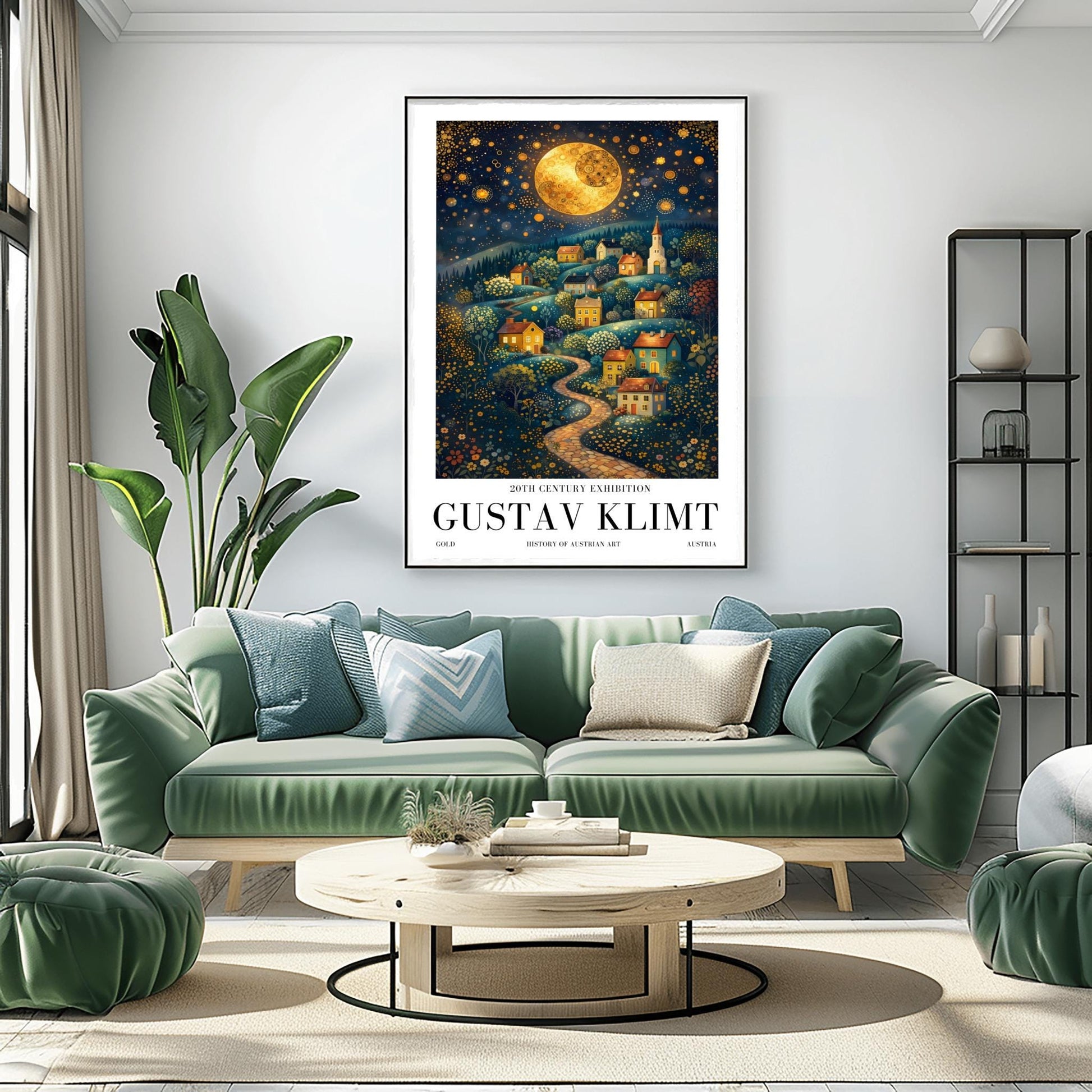 A vertical fine art exhibition poster in the style of Gustav Klimt. A winding cobblestone path leads up a hillside filled with small, colorful houses and a church under a massive golden mosaic moon. The sky is deep blue and filled with golden stars and spirals. Bold black text at the bottom reads "GUSTAV KLIMT" and "HISTORY OF AUSTRIAN ART."