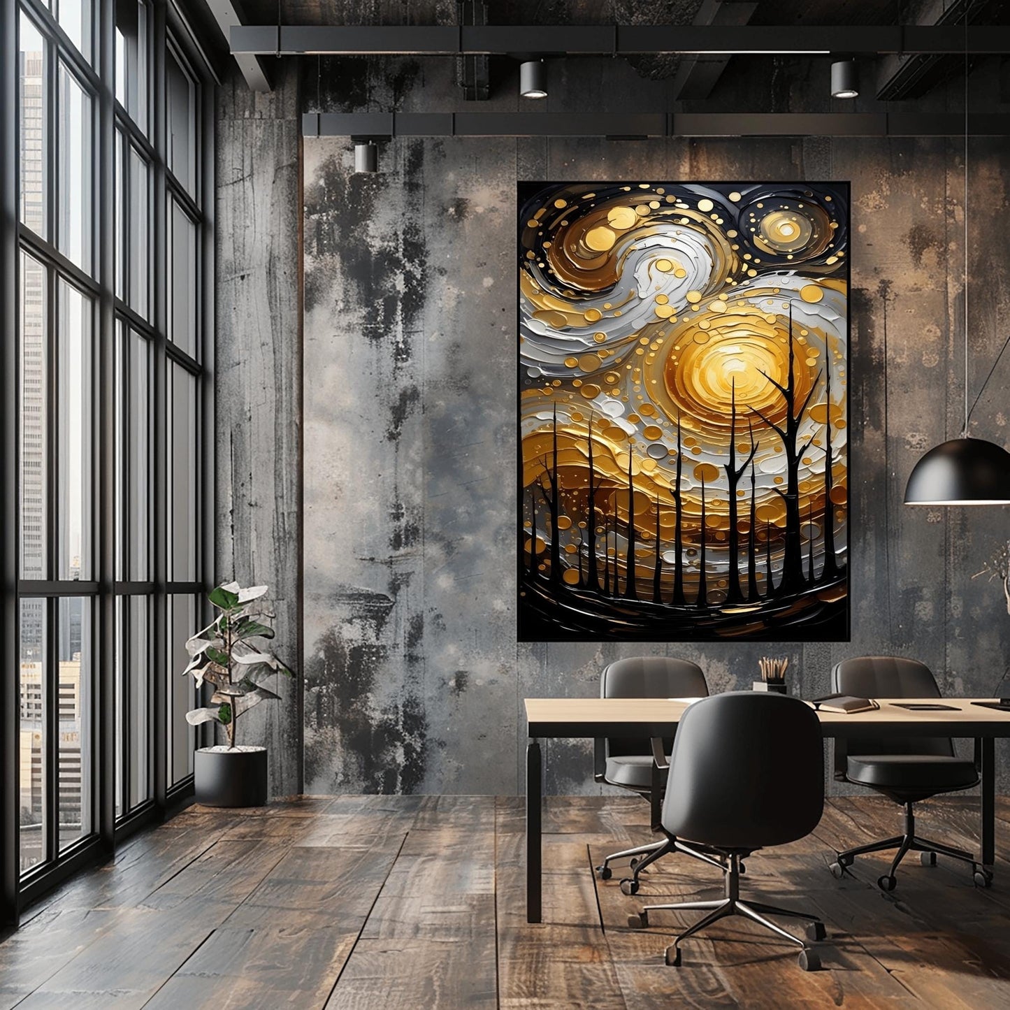 A vertical abstract painting in the style of Gustav Klimt. A group of black, silhouetted tree trunks stand in the foreground against a massive, swirling sun composed of concentric rings of gold, silver, and cream. The background is a dark, moody grey. The style features heavy, thick paint textures and metallic-looking circular accents scattered throughout.