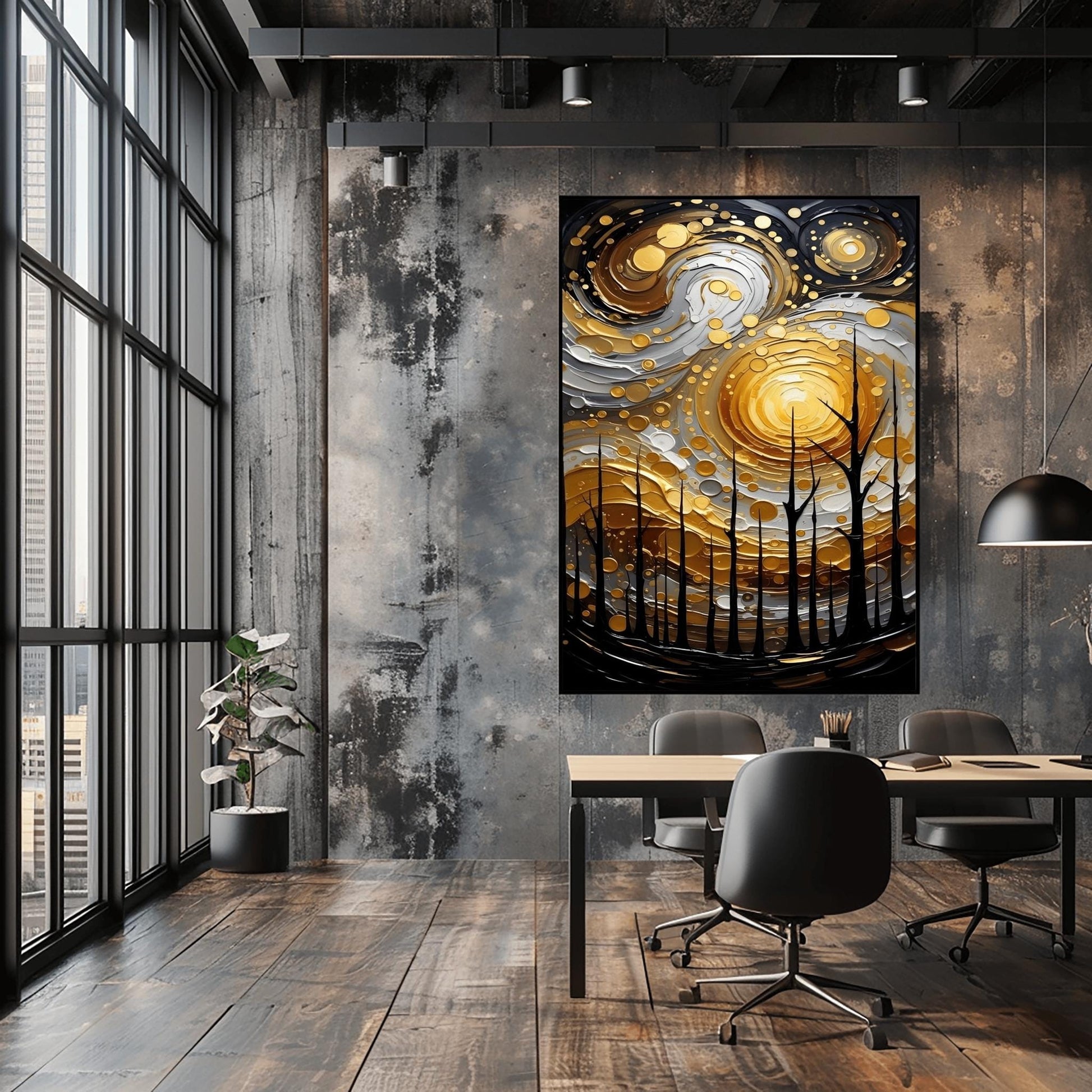 A vertical abstract painting in the style of Gustav Klimt. A group of black, silhouetted tree trunks stand in the foreground against a massive, swirling sun composed of concentric rings of gold, silver, and cream. The background is a dark, moody grey. The style features heavy, thick paint textures and metallic-looking circular accents scattered throughout.