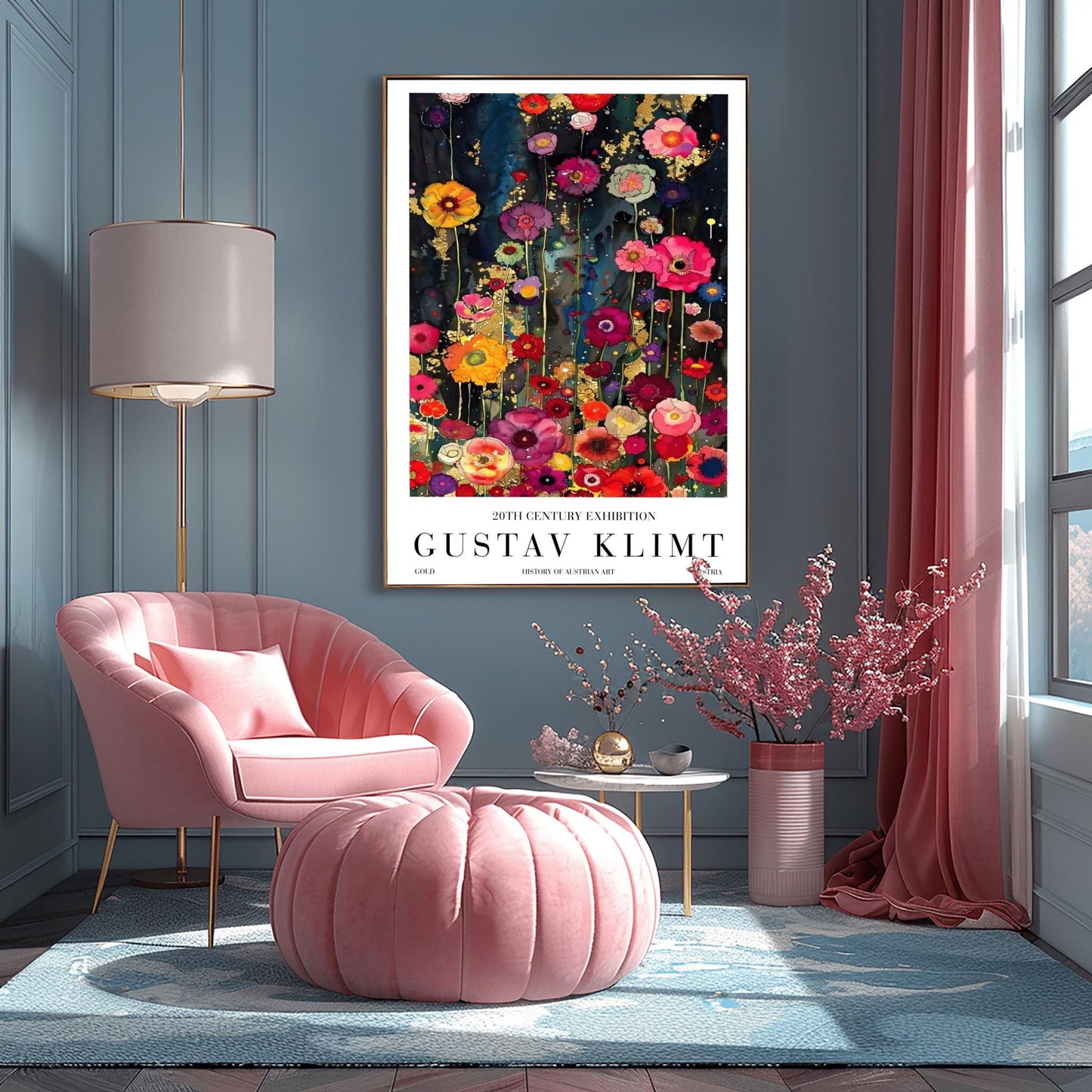 A vertical, highly detailed painting in the style of Gustav Klimt. A dense field of vibrant wildflowers in red, pink, orange, and purple grows against a dark indigo and black background. Shimmering gold-leaf patterns and "rain" effects are woven throughout the flowers. The style is rich in texture with a mosaic-like quality and heavy gold accents.