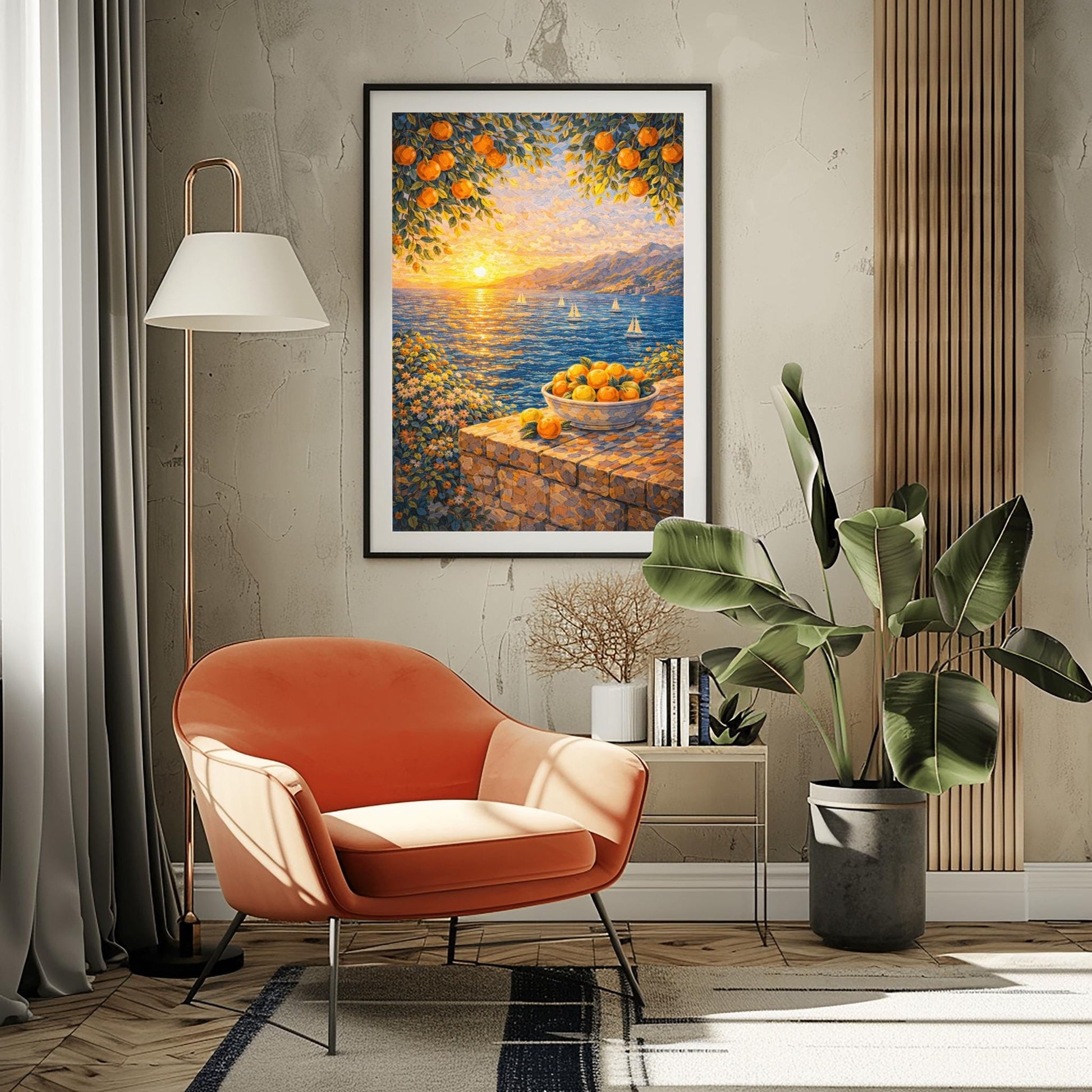 A vertical painterly illustration of a Mediterranean sunset. A low sun shines over a blue sea with sailboats, casting a golden reflection. In the foreground, a bowl of oranges sits on a stone wall. Orange tree branches frame the top of the scene.