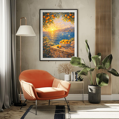 A vertical painterly illustration of a Mediterranean sunset. A low sun shines over a blue sea with sailboats, casting a golden reflection. In the foreground, a bowl of oranges sits on a stone wall. Orange tree branches frame the top of the scene.
