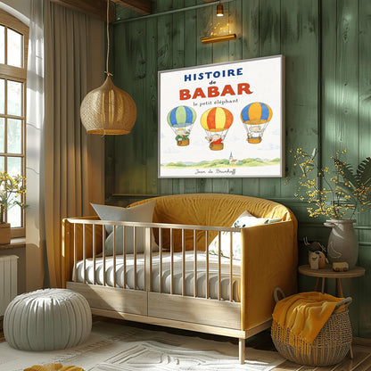 A whimsical vintage-style storybook poster on a clean white background titled "HISTOIRE de BABAR le petit éléphant" in bold blue and orange lettering. The illustration features three cartoon elephants floating in striped hot air balloons over a light green watercolor countryside with a white church steeple. On the left, King Babar in a green suit and crown waves from a blue-and-green balloon. In the center, an elephant in a red dress sits in a yellow-and-orange balloon.
