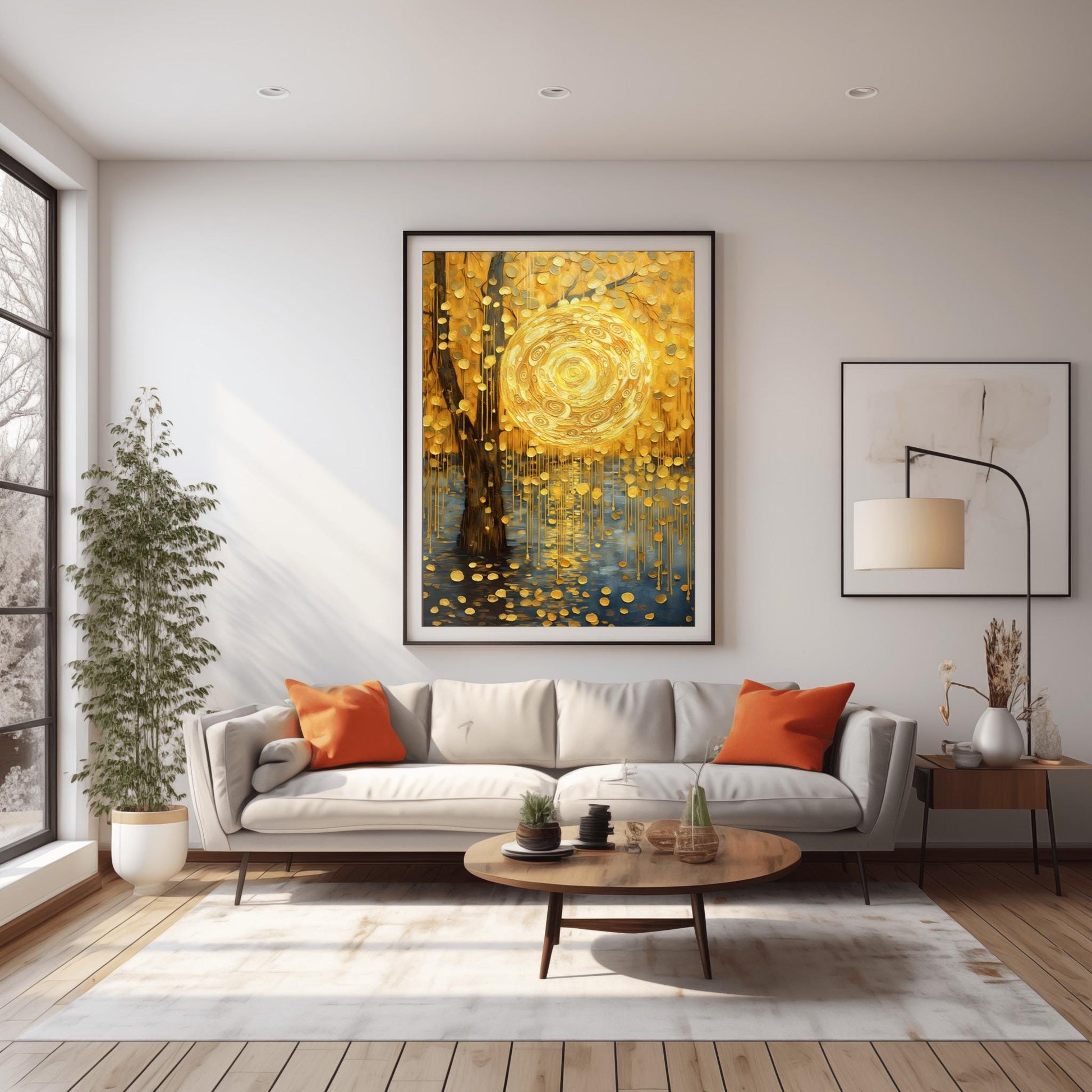 A vertical abstract landscape in the style of Gustav Klimt. A large, swirling golden sun hangs in a warm gold sky next to a dark tree trunk. Cascading golden discs fall from the tree like rain into dark blue water below. The entire scene is filled with intricate spiral textures and shimmering gold leaf effects.