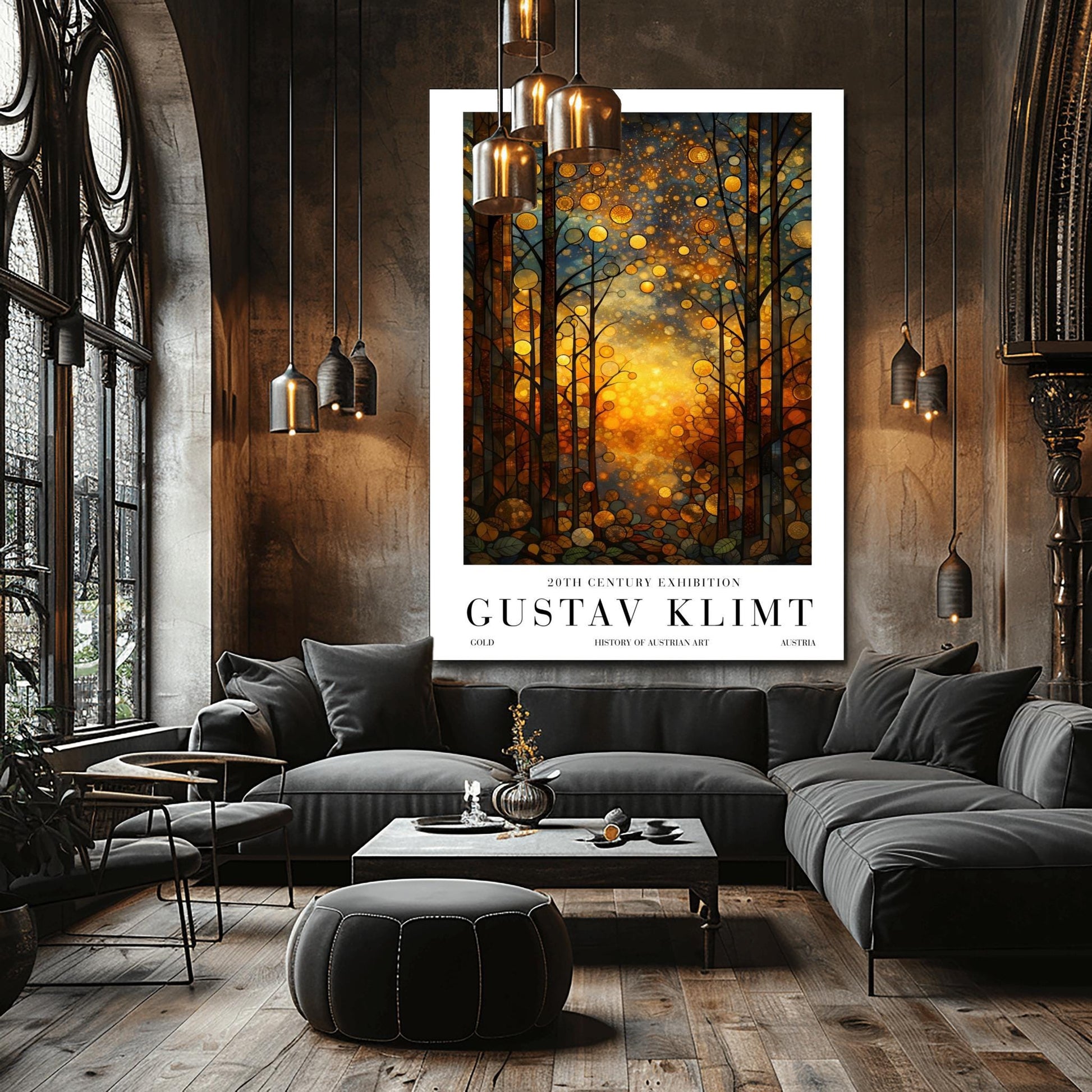 A vertical exhibition-style poster featuring a stylized forest in the style of Gustav Klimt. Slender trees with dark, leaded outlines are filled with golden and amber hues. A brilliant, warm light glows from the center forest floor. The sky is filled with circular mosaic patterns and golden stardust. The bottom features white margins with bold text reading "GUSTAV KLIMT."