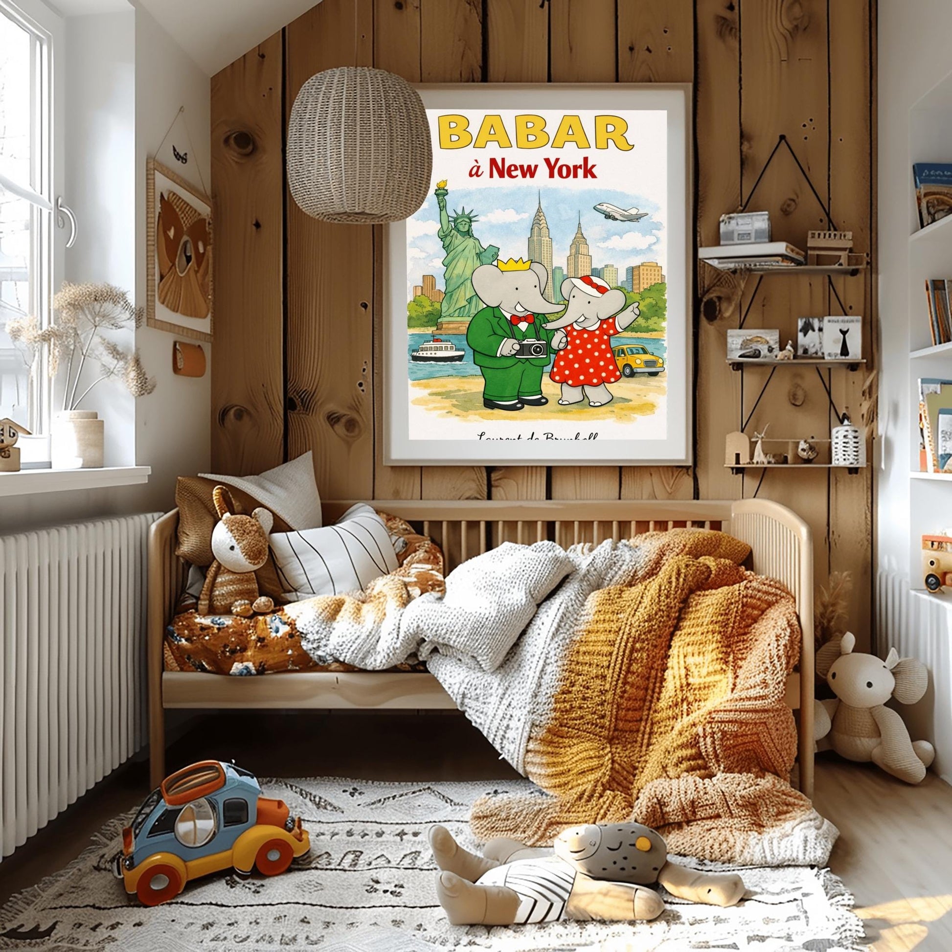A vertical children's illustration poster titled "BABAR à New York" in large yellow and red letters. King Babar, in a green suit and crown holding a camera, and Queen Celeste, in a red polka-dot dress, stand on a shoreline. The background features the Statue of Liberty, the Chrysler Building, and the Empire State Building. A yellow taxi, a white boat on the blue water, and a white airplane in the sky complete the city scene. The name "Laurent de Brunhoff" is at the bottom.