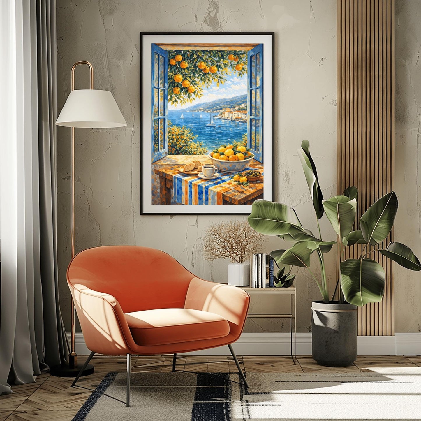 A vertical painterly illustration of a breakfast table in front of an open window with blue shutters. On the table is a cup of coffee, croissants, olives, and a bowl of oranges. Outside the window is a blue sea with sailboats and a coastal town under a bright sky.