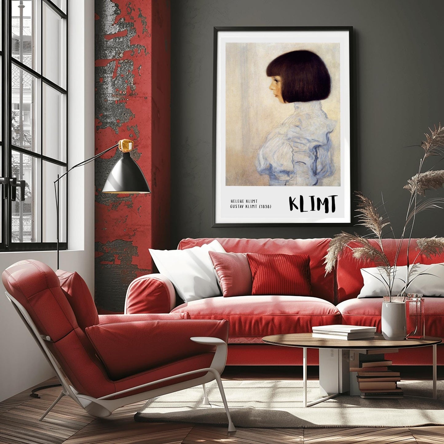 A vertical museum exhibition poster featuring Gustav Klimt's 1898 portrait of "Helene Klimt." A young girl with a dark bob haircut is shown in profile wearing a high-collared white lace blouse. The background is a muted cream. The bottom border is light grey with bold black text reading "HELENE KLIMT" and "KLIMT."