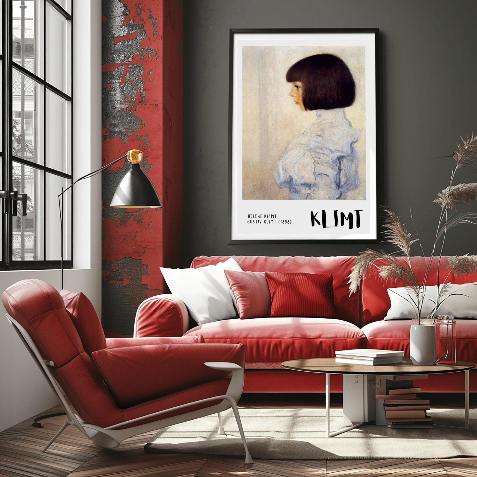A vertical museum exhibition poster featuring Gustav Klimt's 1898 portrait of "Helene Klimt." A young girl with a dark bob haircut is shown in profile wearing a high-collared white lace blouse. The background is a muted cream. The bottom border is light grey with bold black text reading "HELENE KLIMT" and "KLIMT."