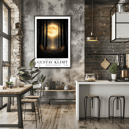 A vertical art print in the style of Gustav Klimt showing a dark forest at night. Tall, dark, silhouetted tree trunks frame a central path that leads toward a bright light in the distance. A massive, glowing golden moon with intricate textures dominates the upper center of the image. The base of the trees and the forest floor are sprinkled with shimmering gold mosaic patterns and light specks, contrasting sharply against the dark background.