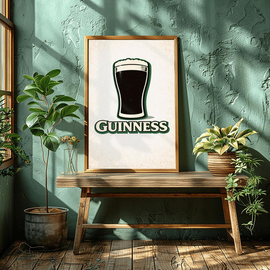 A vertical minimalist graphic of a pint of Guinness on a light cream-textured background. The black pint has a thick white foam head and a green drop shadow. Below the glass, the word "GUINNESS" is written in cream text with a green border.