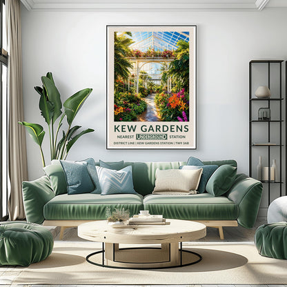 A vertical retro London Underground travel poster for Kew Gardens on a wide cream border. The top image shows a sun-drenched illustration inside a massive Victorian glasshouse conservatory. On the left, an elegant, ornate white wrought-iron spiral staircase winds upward. A pathway curves through a dense jungle of towering green fan palms, highlighted by bright pink and purple orchids and orange flowers.