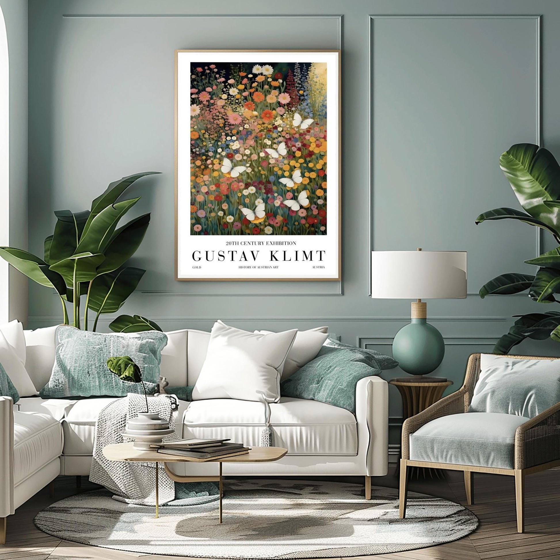 A vertical fine art painting in the style of Gustav Klimt. A dense field of colorful wildflowers in shades of orange, pink, yellow, and red fills the frame. Several large, delicate white butterflies are scattered throughout the meadow, appearing to fly toward a soft golden light in the upper right corner. The style is highly textured with decorative mosaic patterns.