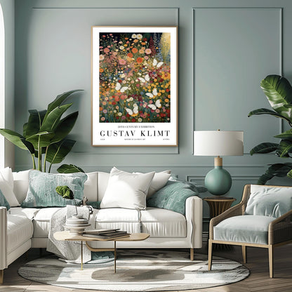 A vertical fine art painting in the style of Gustav Klimt. A dense field of colorful wildflowers in shades of orange, pink, yellow, and red fills the frame. Several large, delicate white butterflies are scattered throughout the meadow, appearing to fly toward a soft golden light in the upper right corner. The style is highly textured with decorative mosaic patterns.