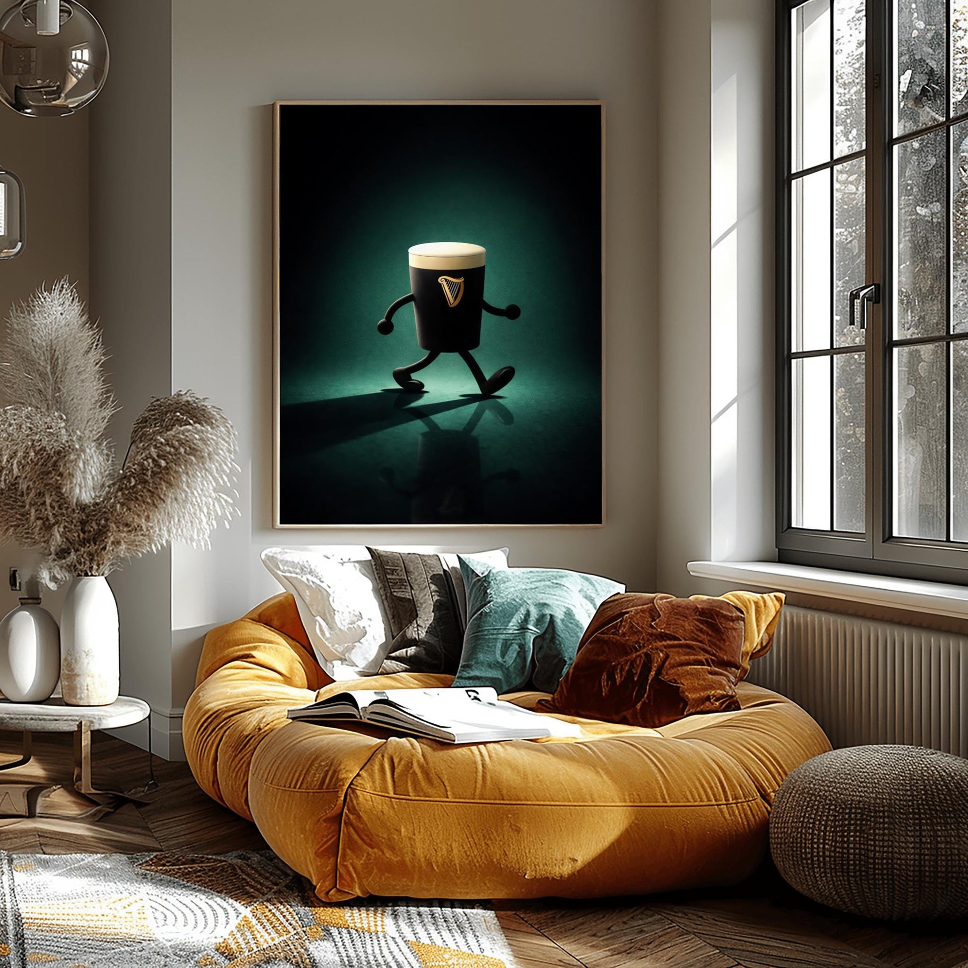 A vertical cinematic illustration of a 3D Guinness pint character with cartoon arms and legs. It is walking across a dark, reflective floor under a moody emerald-green spotlight. The pint features a crisp white foam head and a golden harp logo.