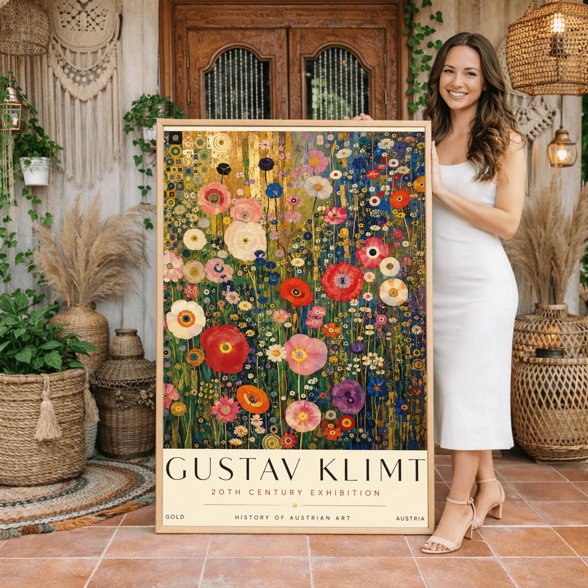 A vertical retro exhibition poster for Gustav Klimt set on a wide ivory border. The central image shows a detailed Art Nouveau illustration of a dense field of tall poppies and wildflowers in shades of red, pink, white, orange, and purple. The background behind the flowers features metallic gold patterns and concentric circles on the left, and a dark blue grid design on the right. The text at the top reads "GUSTAV KLIMT" in a clean black font