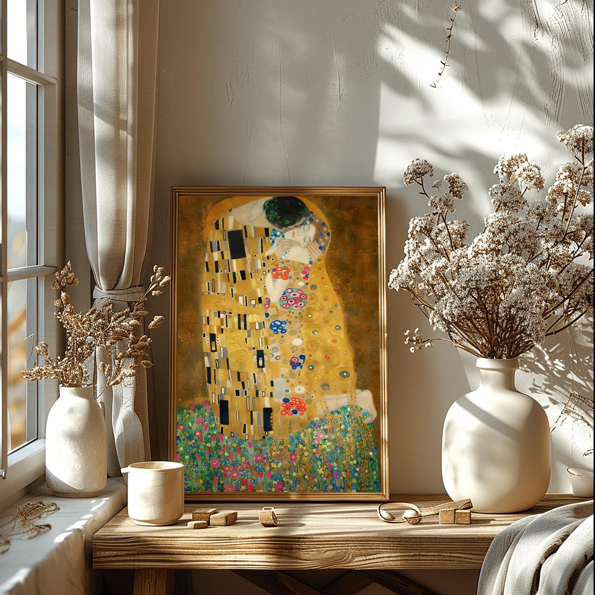 A vertical fine art print of "The Kiss" by Gustav Klimt. Two lovers are shown in an intimate embrace, their bodies covered in elaborate, decorative gold robes. The man's robe features black and white geometric shapes, while the woman's features colorful floral circles. They kneel on a lush bed of colorful wildflowers against a dark, shimmering gold background. The style is rich in mosaic-like patterns and Art Nouveau ornamentation.