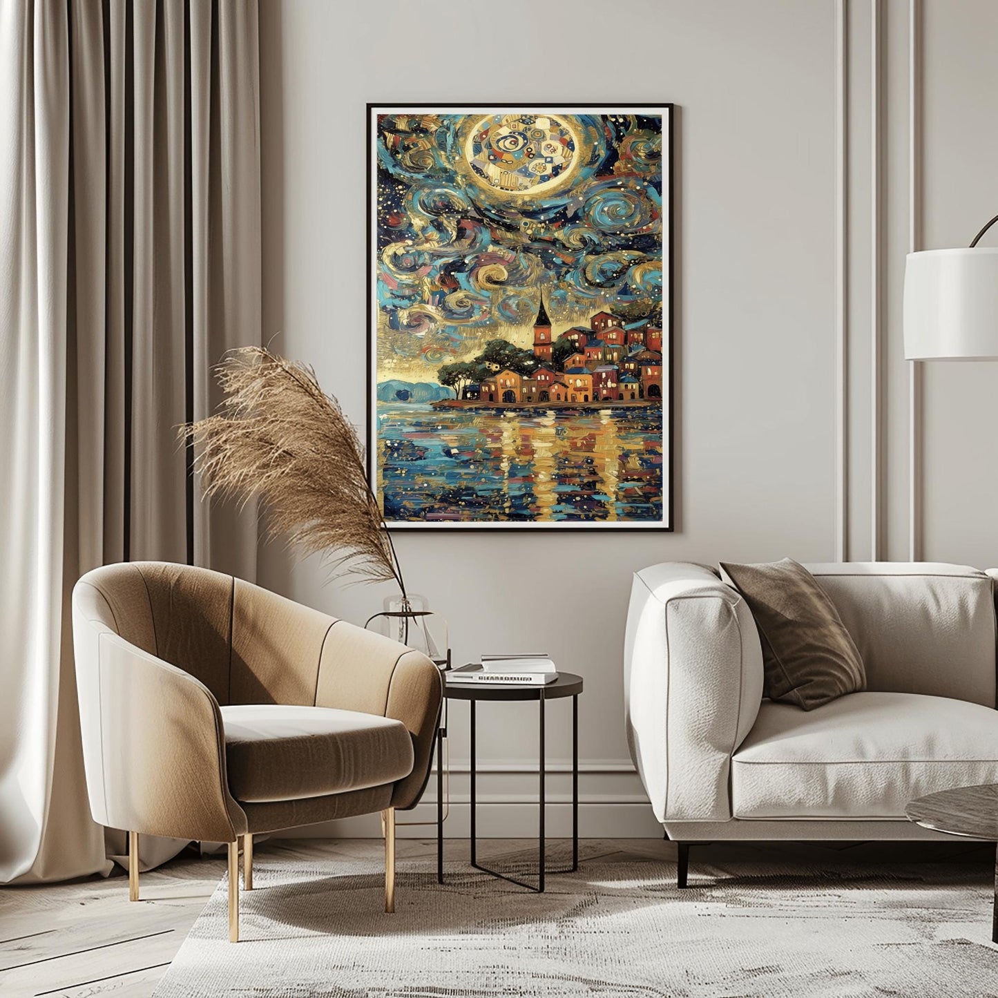 A vertical fine art print in the style of Gustav Klimt. A colorful Mediterranean village with red and orange houses sits on a harbor. The sky above is filled with thick, swirling teal and blue clouds and a large, mosaic-patterned golden moon. The water in the foreground reflects the warm lights of the village and the sky.