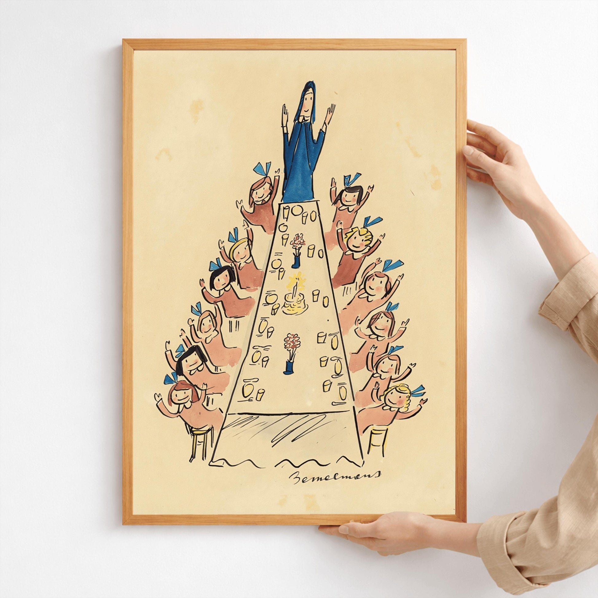 A vertical ink and watercolor illustration by Ludwig Bemelmans showing a festive gathering. A long dining table stretches from the foreground to the back of the room, topped with a birthday cake with one lit candle and small flower arrangements. Miss Clavel, dressed in a blue habit, stands with her arms raised at the head of the table. Along both sides of the table, little girls in pink dresses and blue hair bows wave their hands joyfully. Signed "Bemelmans" at the bottom center.