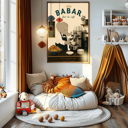 A vintage-style illustration of Babar the Elephant wearing a white shirt, black bowtie, and dark apron, working as a barista. He is operating a classic silver espresso machine in a Parisian café. The scene includes a plate of croissants, stacks of "Café de Flore" cups, and a menu board. The text at the top reads "BABAR fait du café" with a gold crown, and the bottom features "Saint-Germain-des-Prés" and the name "Laurent de Brunhoff."