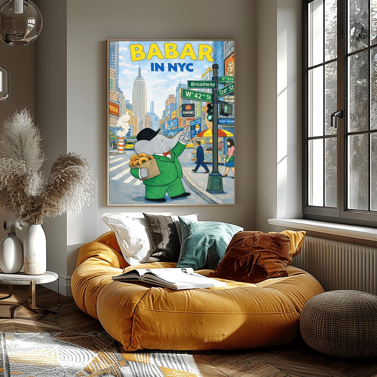 A vertical children's illustration poster titled "BABAR IN NYC." At the center is Babar the elephant wearing a green suit and black bowler hat, holding a brown bag of bagels. He is standing on a busy New York City street corner next to a sign for Broadway and W 42nd St. Behind him is the Empire State Building and colorful Times Square billboards. The name "Laurent de Brunhoff" is at the bottom.
