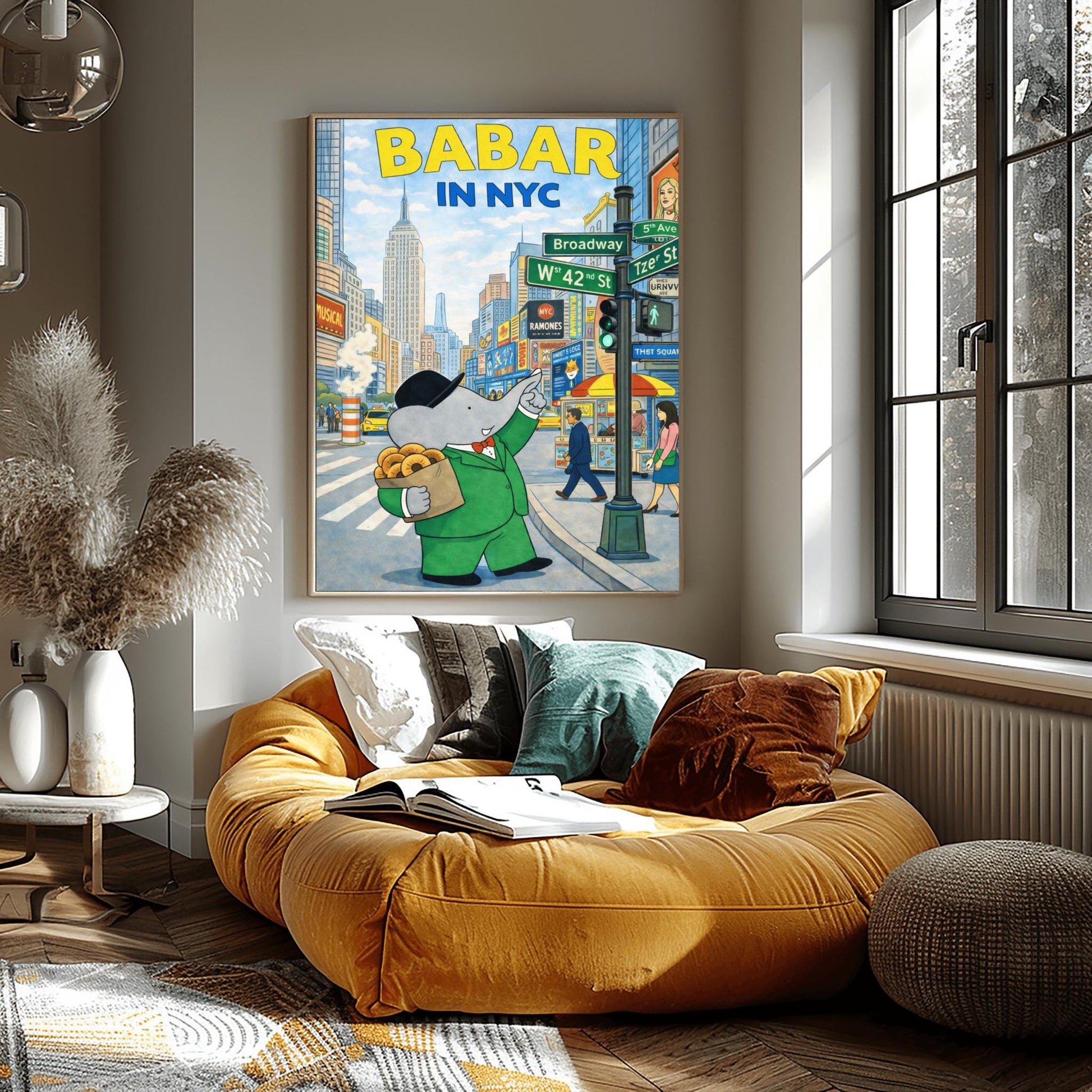 A vertical children's illustration poster titled "BABAR IN NYC." At the center is Babar the elephant wearing a green suit and black bowler hat, holding a brown bag of bagels. He is standing on a busy New York City street corner next to a sign for Broadway and W 42nd St. Behind him is the Empire State Building and colorful Times Square billboards. The name "Laurent de Brunhoff" is at the bottom.