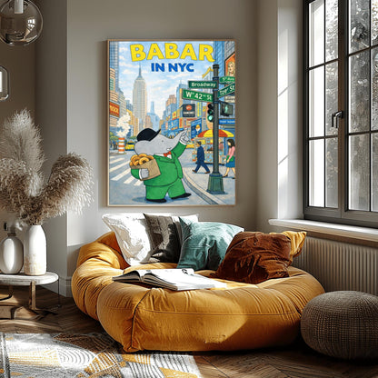 A vertical children's illustration poster titled "BABAR IN NYC." At the center is Babar the elephant wearing a green suit and black bowler hat, holding a brown bag of bagels. He is standing on a busy New York City street corner next to a sign for Broadway and W 42nd St. Behind him is the Empire State Building and colorful Times Square billboards. The name "Laurent de Brunhoff" is at the bottom.