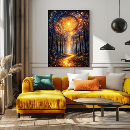 A vertical, highly detailed Art Nouveau illustration featuring a winding golden mosaic path leading through a dark forest toward a bright light. Above, a massive circular portal in the sky is made of intricate mosaic tiles in gold and blue. The scene is filled with shimmering golden stardust.