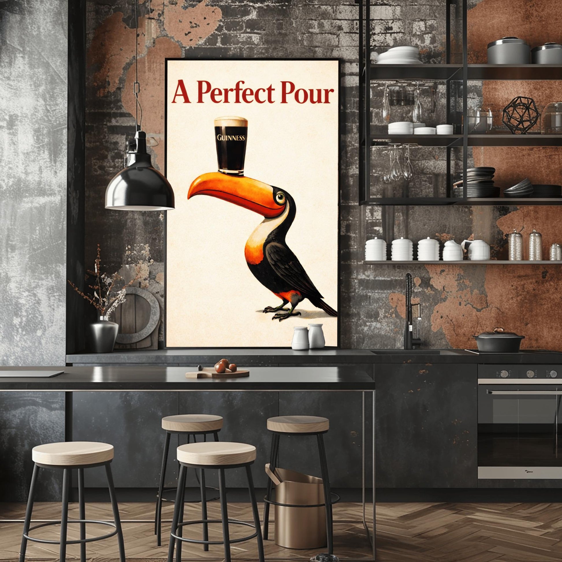 A vertical minimalist vintage-style poster. A colorful toucan with a bright orange beak balances a single pint of dark Guinness beer on its bill. The background is a clean, textured cream color. Bold red text at the top reads "A Perfect Pour."