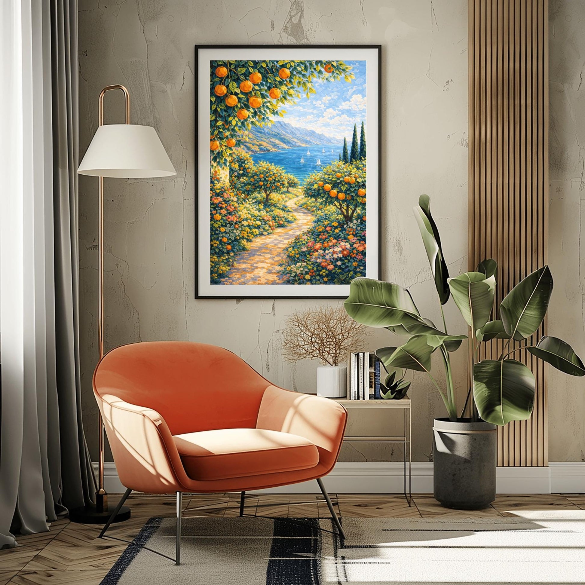 A vertical painterly illustration of a sun-dappled stone path winding through a garden of orange trees and colorful wildflowers. The path leads toward a blue sea with sailboats and distant mountains under a blue sky.