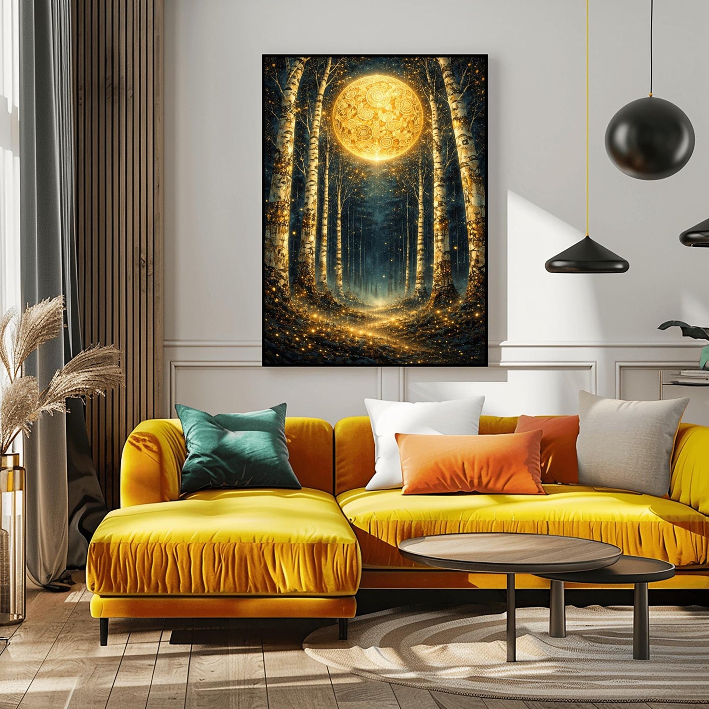 A vertical digital illustration of a birch forest at night. A large, ornate golden moon with swirling patterns glows at the end of a path. The white birch trees are speckled with gold. The ground is covered in sparkling golden lights against a deep dark blue background.