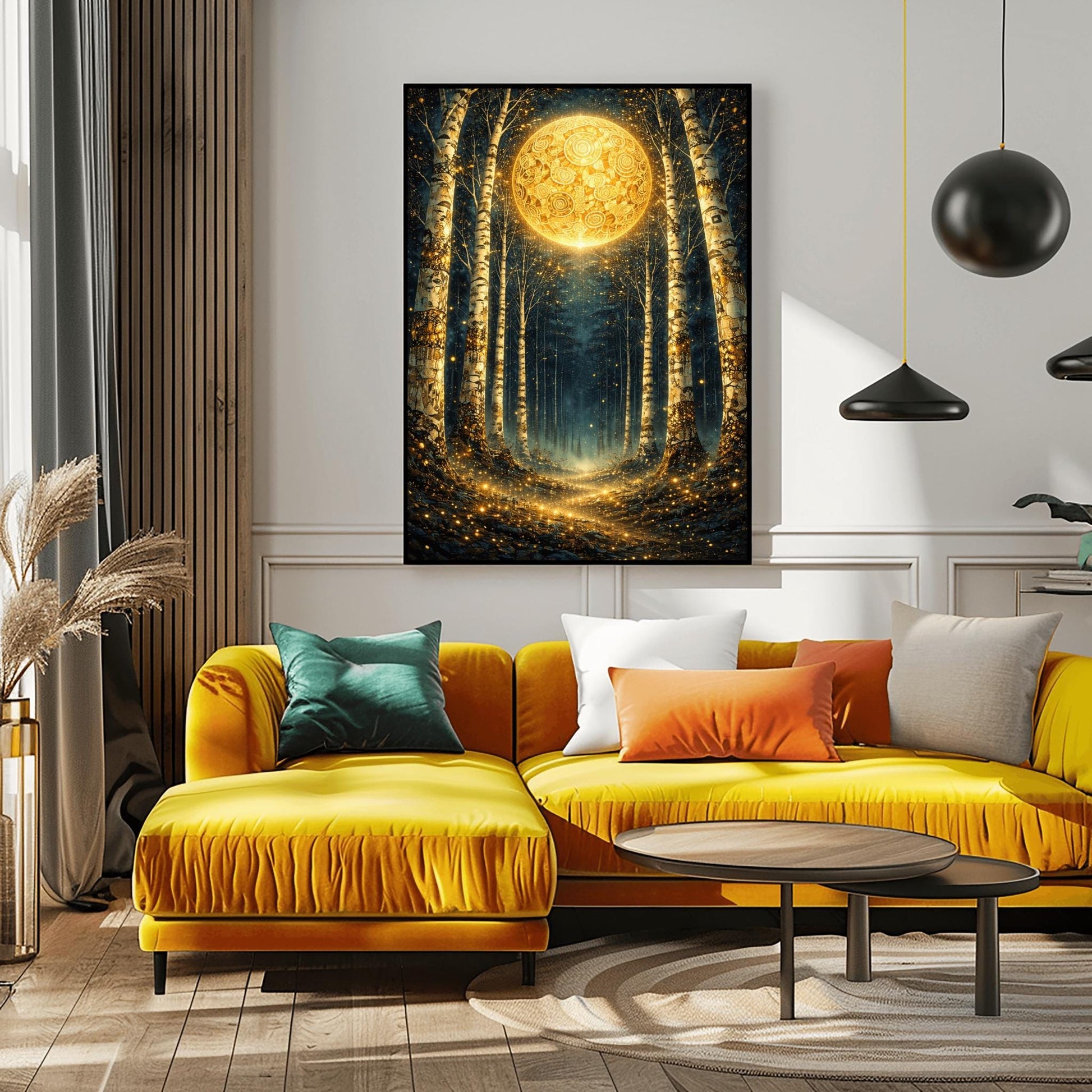 A vertical digital illustration of a birch forest at night. A large, ornate golden moon with swirling patterns glows at the end of a path. The white birch trees are speckled with gold. The ground is covered in sparkling golden lights against a deep dark blue background.