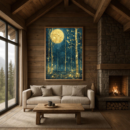 A vertical painting in the style of Gustav Klimt. Slender birch trees with gold-leaf bark and black geometric patterns stand in a dark navy forest at night. A large, bright gold moon with mosaic spirals hangs in the sky. The air is filled with glowing golden dots and fireflies. The overall style is rich in texture and golden ornamentation against a deep blue background.