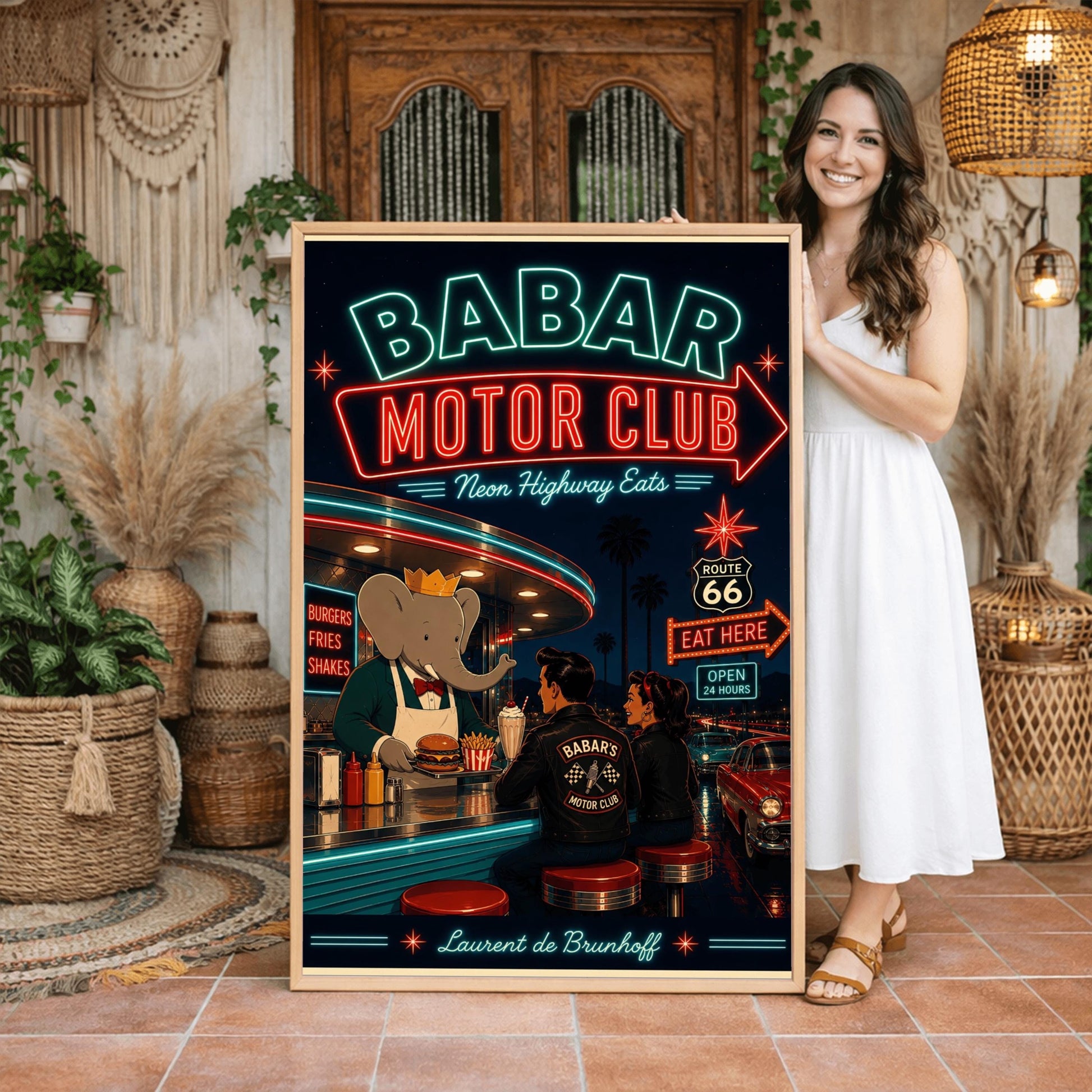 A vibrant 1950s-style illustration poster titled "BABAR MOTOR CLUB - Neon Highway Eats" against a dark night sky. At the top, a massive neon sign glows with a red border and orange lettering. Below, the cartoon elephant King Babar wears a gold crown and a white apron as he hands a tray with a burger and fries across a diner counter. A man and a woman are seated on red stools, viewed from behind, wearing black leather jackets that read "BABAR'S MOTOR CLUB" with a checkered flag logo.