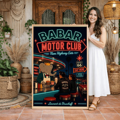 A vibrant 1950s-style illustration poster titled "BABAR MOTOR CLUB - Neon Highway Eats" against a dark night sky. At the top, a massive neon sign glows with a red border and orange lettering. Below, the cartoon elephant King Babar wears a gold crown and a white apron as he hands a tray with a burger and fries across a diner counter. A man and a woman are seated on red stools, viewed from behind, wearing black leather jackets that read "BABAR'S MOTOR CLUB" with a checkered flag logo.