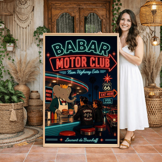 A vibrant 1950s-style illustration poster titled "BABAR MOTOR CLUB - Neon Highway Eats" against a dark night sky. At the top, a massive neon sign glows with a red border and orange lettering. Below, the cartoon elephant King Babar wears a gold crown and a white apron as he hands a tray with a burger and fries across a diner counter. A man and a woman are seated on red stools, viewed from behind, wearing black leather jackets that read "BABAR'S MOTOR CLUB" with a checkered flag logo.