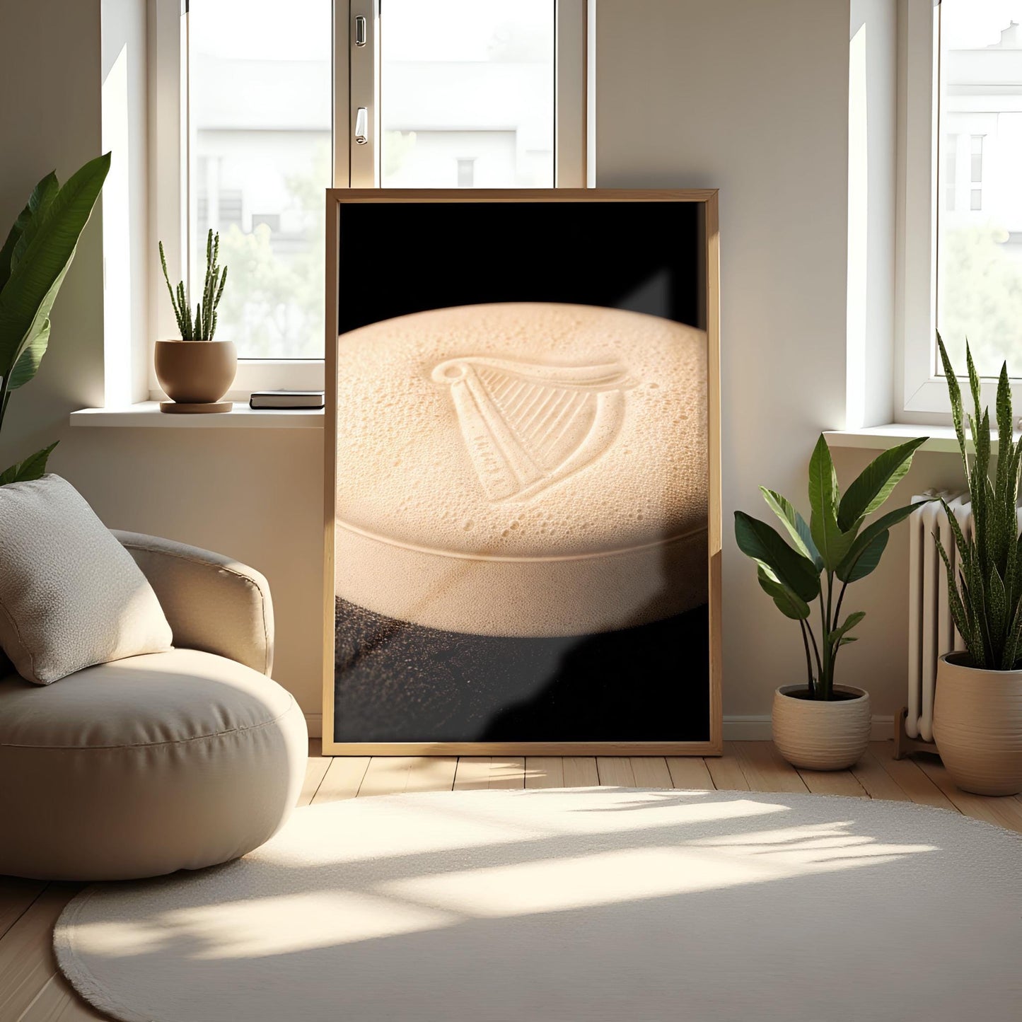 A vertical macro photograph of the thick, creamy foam head on a pint of Guinness. The iconic Guinness harp is embossed into the center of the velvety bubbles. The image features warm cream tones against a dark, shadowy background.