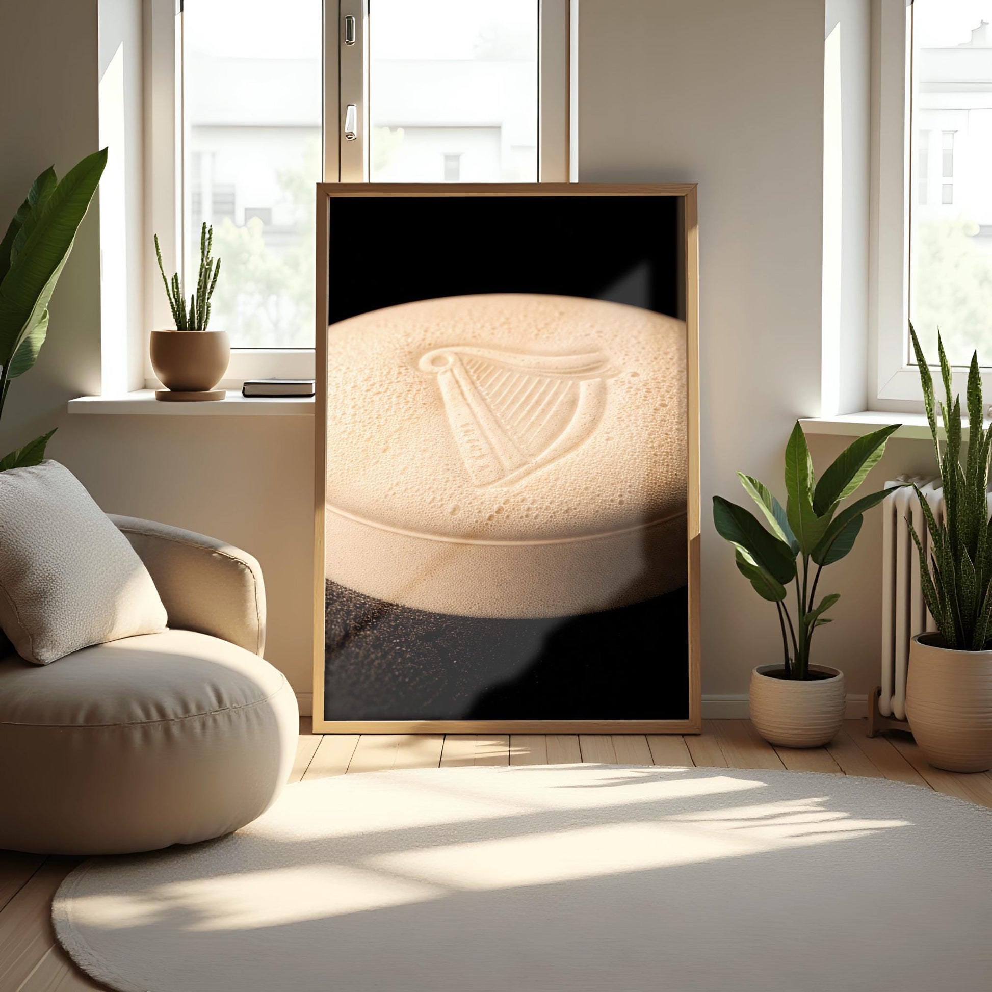 A vertical macro photograph of the thick, creamy foam head on a pint of Guinness. The iconic Guinness harp is embossed into the center of the velvety bubbles. The image features warm cream tones against a dark, shadowy background.