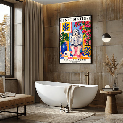 A vertical retro exhibition poster for Henri Matisse featuring a wide cream border. The central image shows a colorful Fauvism-style painting of a fluffy black-and-white Bearded Collie dog sitting on a pink toilet. The dog has shaggy fur and is looking forward while holding open a newspaper titled "LE JOURNAL DE PARIS". The background is a vibrant bathroom with a checkered mosaic floor, blue and yellow planters holding green monstera leaves