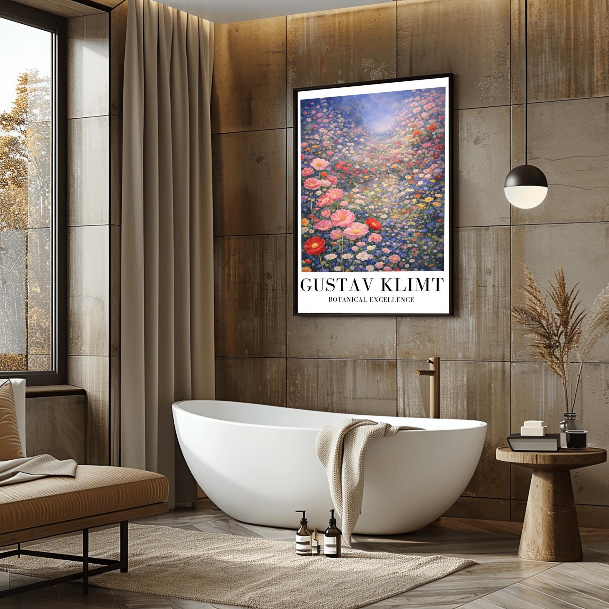 A vertical fine art landscape in the style of Gustav Klimt. A vast valley is filled with a dense sea of pink, red, blue, and white wildflowers. Large pink poppies are in the foreground, and the field stretches back to a hazy, sun-drenched horizon under a soft blue sky.