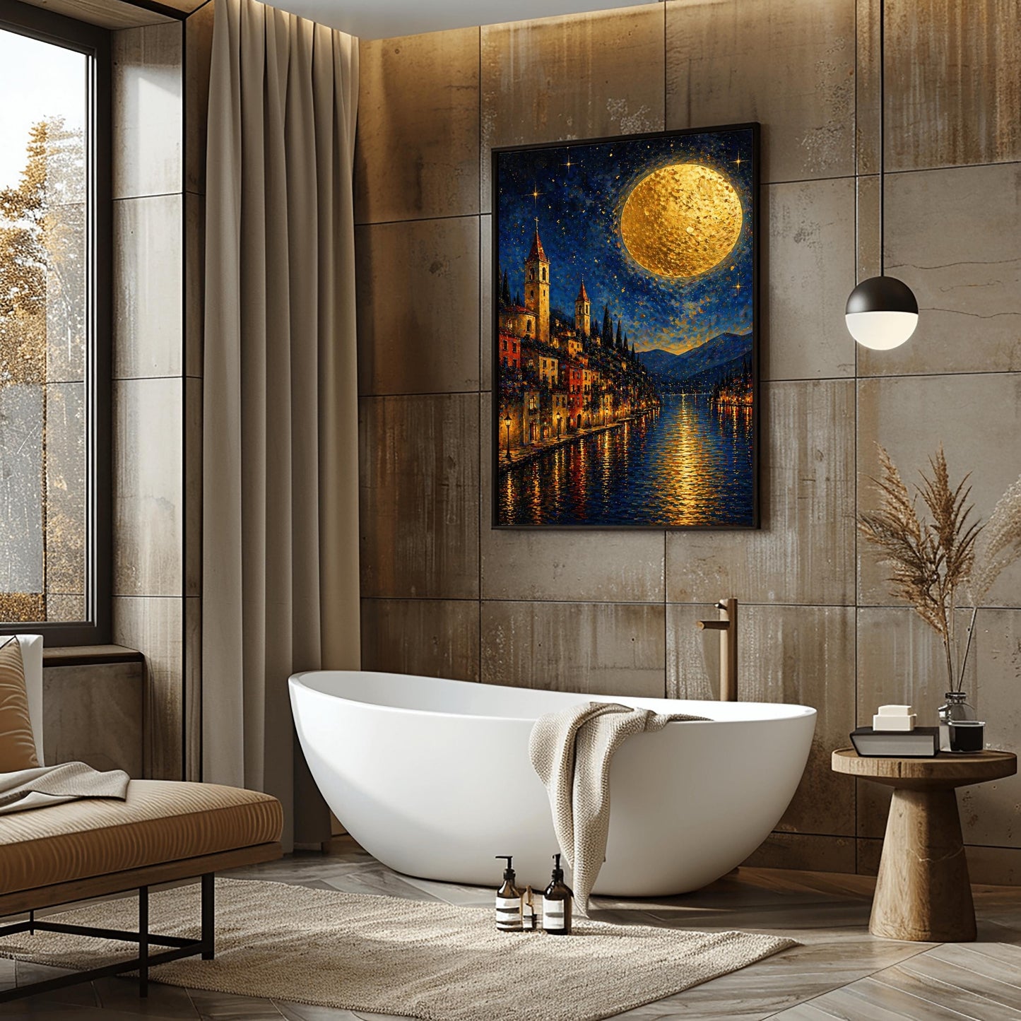 A vertical art print in a decorative mosaic style inspired by Gustav Klimt. A steep lakeside village with warm-lit windows and tall, pointed church spires rises from the edge of dark blue water. A massive, textured golden moon dominates the upper right of a starry night sky. The lights of the town and the moon reflect in long, vertical golden lines on the rippled water surface. Dark blue mountains are visible in the background.