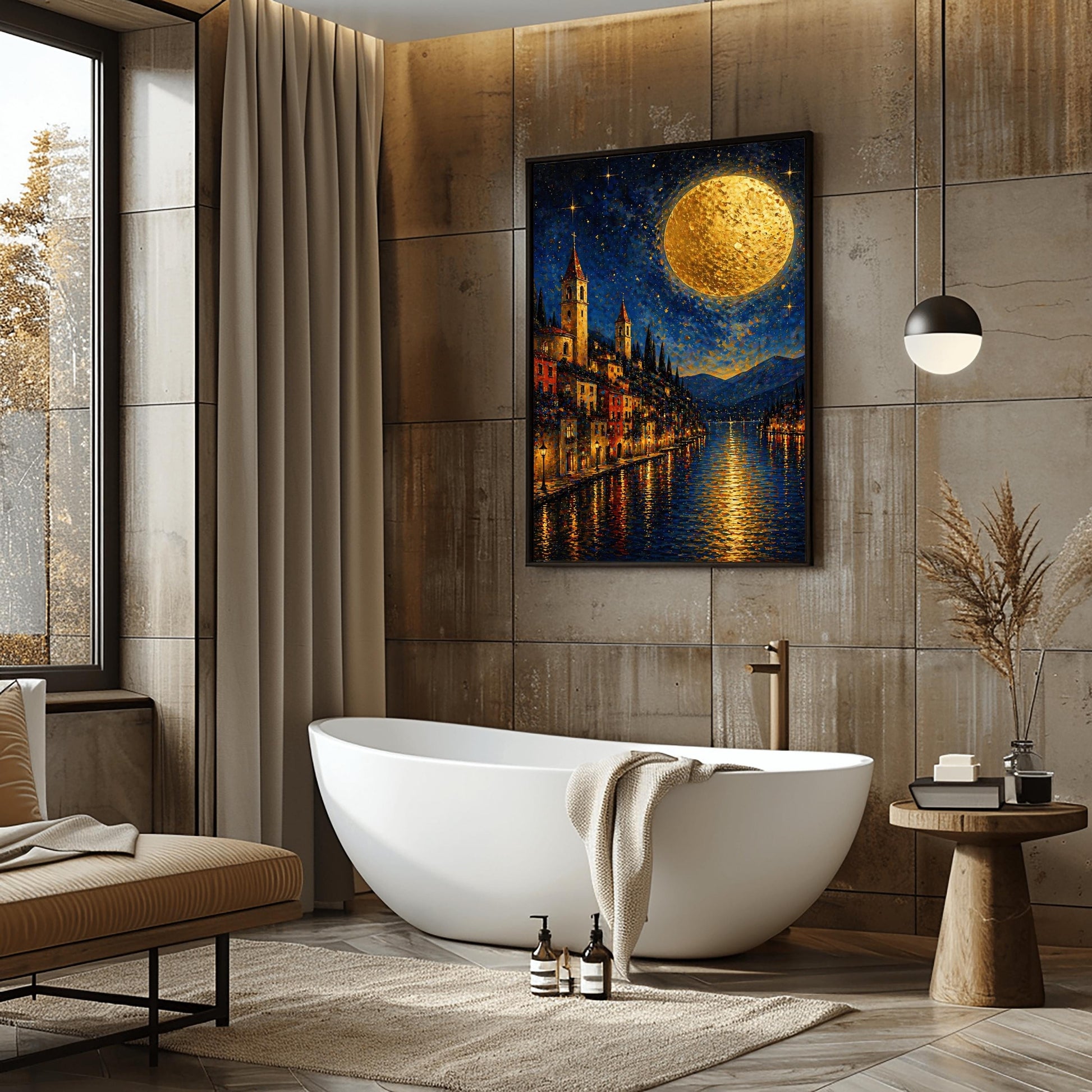 A vertical art print in a decorative mosaic style inspired by Gustav Klimt. A steep lakeside village with warm-lit windows and tall, pointed church spires rises from the edge of dark blue water. A massive, textured golden moon dominates the upper right of a starry night sky. The lights of the town and the moon reflect in long, vertical golden lines on the rippled water surface. Dark blue mountains are visible in the background.