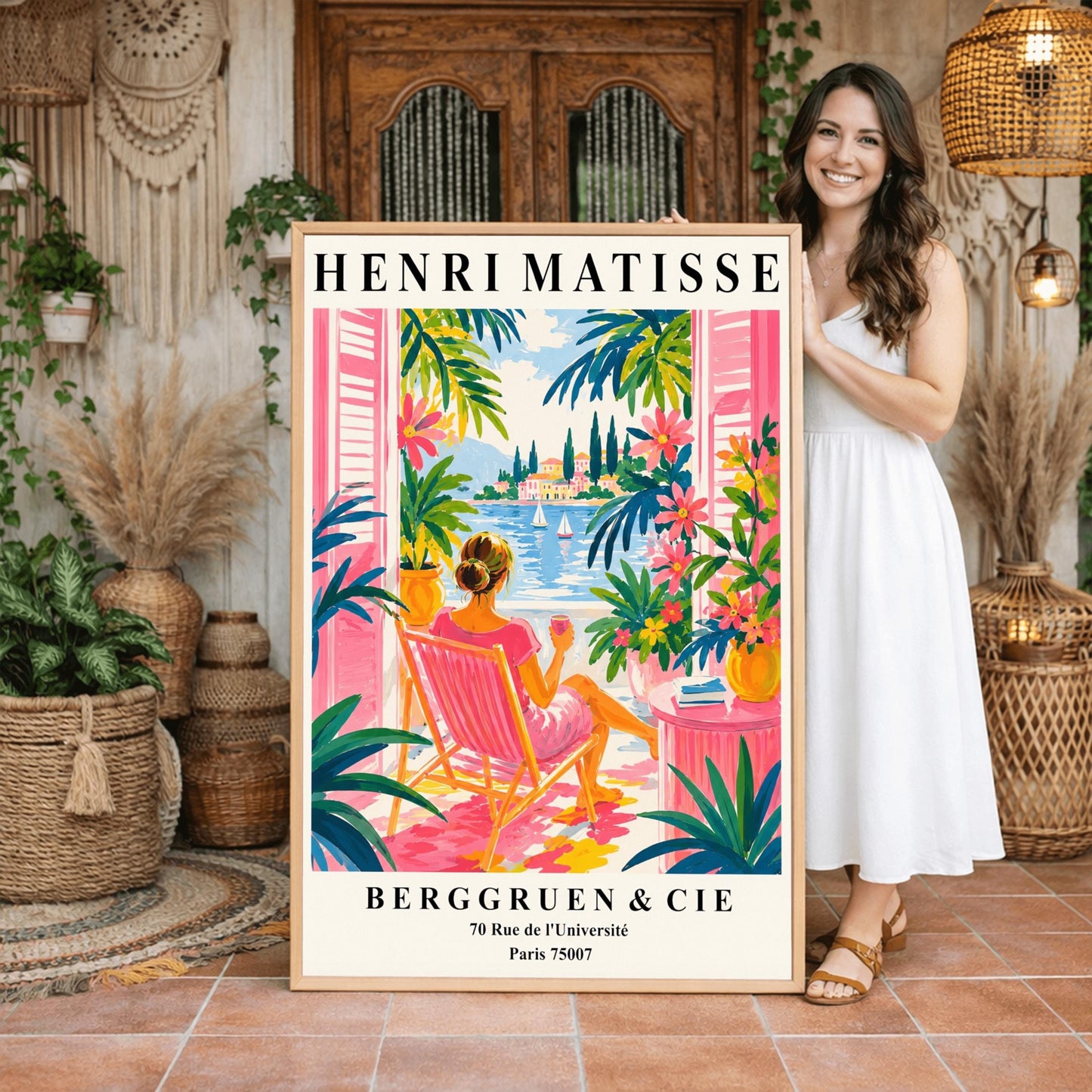 A vertical minimalist fine art exhibition poster in the style of Henri Matisse, featuring a wide white border layout. In the center, a simple black line drawing outlines a woman in a reclining, relaxed pose resting on her side. The illustration is framed by large, flat abstract paper-cut shapes, including a solid terracotta red background block beneath the figure and an organic royal blue coral leaf on the left against a solid white backdrop.