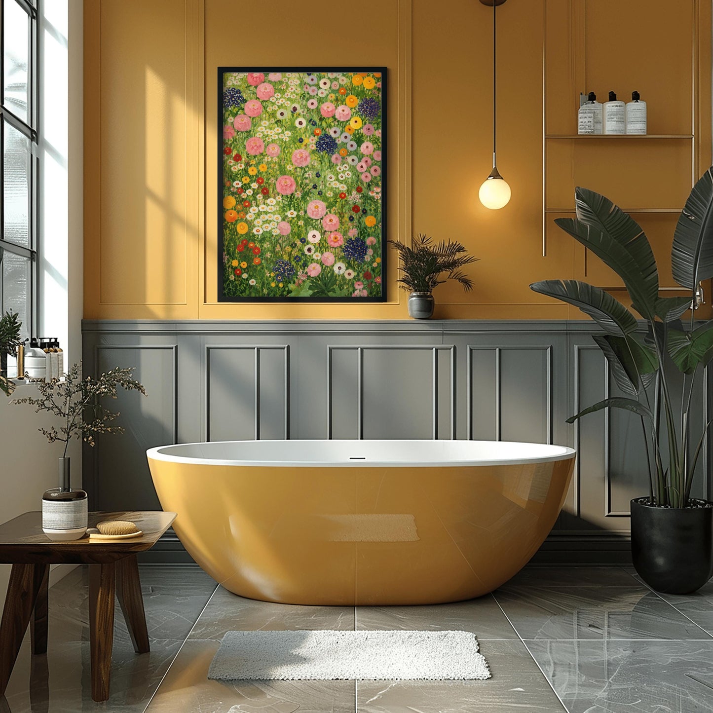A vertical full-bleed painting in the style of Gustav Klimt showing a dense, vibrant meadow of wildflowers. The entire frame is filled with an intricate, mosaic-like arrangement of thickly painted flowers, including large clusters of white and cream blossoms at the top, a dense field of orange and white poppies to the right, and deep purple and magenta pansies near the bottom, all set against a textured emerald and chartreuse green background.