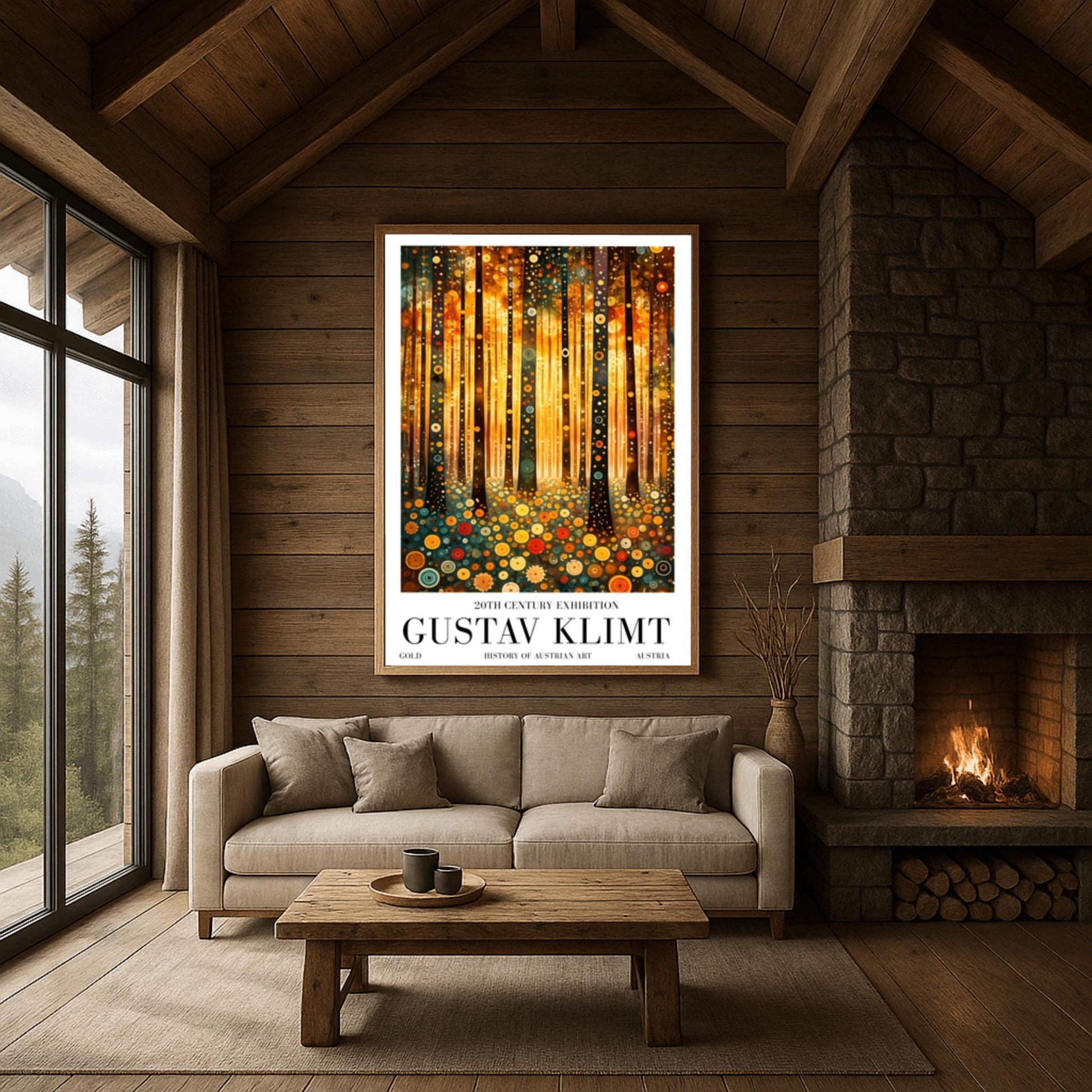 A vertical fine art print in the style of Gustav Klimt. Dark, slender tree trunks are decorated with various golden and colorful concentric circles. The forest floor is covered in similar circular floral patterns. A bright, warm golden light glows from the background, creating a high-contrast, ornate night forest scene.